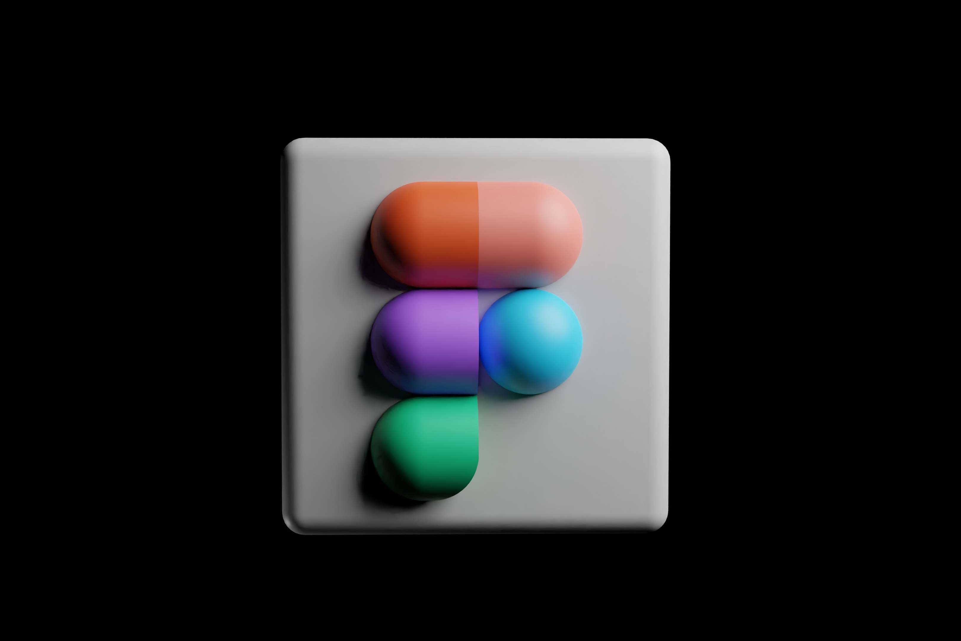 A futuristic, lifelike render of the Figma logo, made out of pill-shaped objects, is seen on a gray square, with a black background.